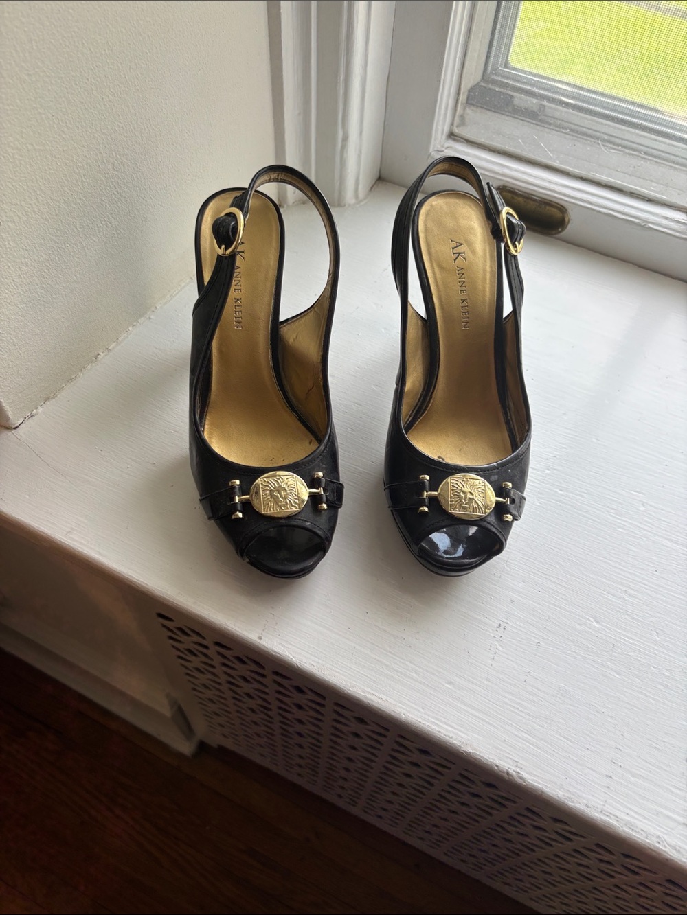 Anne Klein Black Peep-Toe Slingback Heels with Gold Medallion